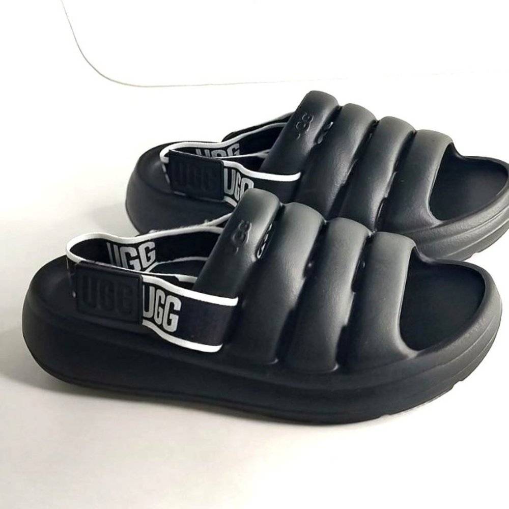 UGG Sport Yeah Sandals 9 Black Slides logo Print Backstrap - Picture 5 of 11